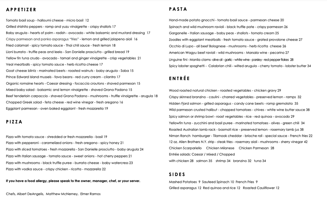 Aurora Restaurant Menu